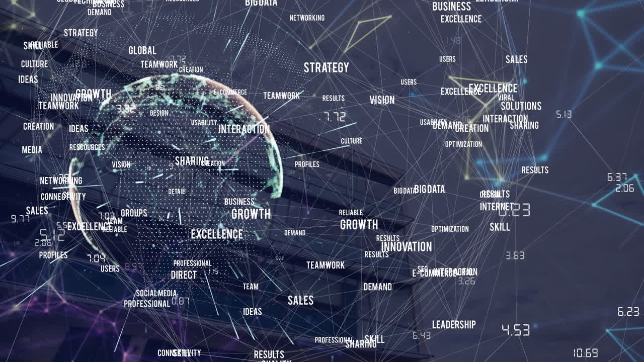 Animation of network of connections with data processing over cityscape