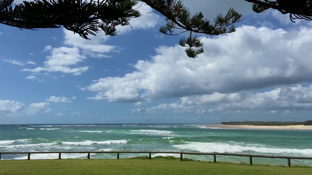 Looking out from under shady trees over the ocean as the wind blows white crests on the wave