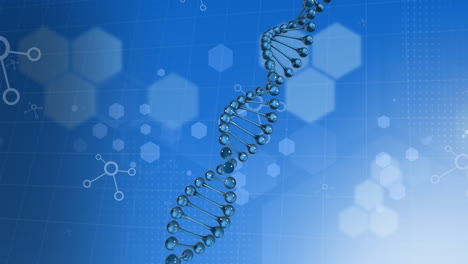 animación de cadenas de adn y hexágonos sobre fondo azul
