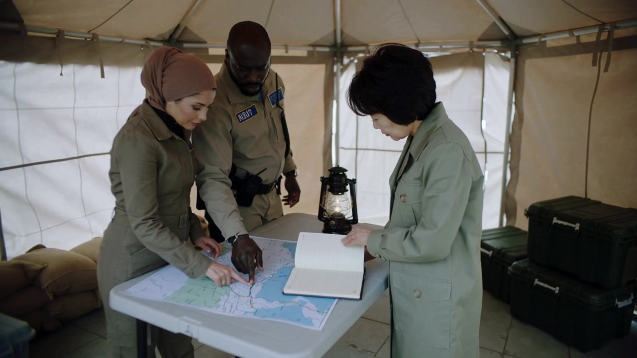 Pointing hijab-wearing team tracing routes and noting in field tent planning with map and notebook