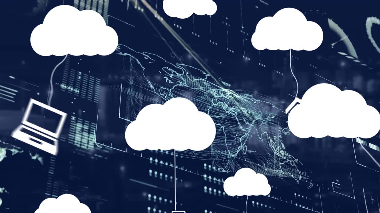 Animation of clouds with icons over data processing on black background