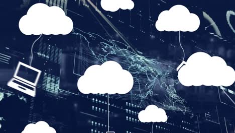 animación de nubes con iconos sobre el procesamiento de datos en fondo negro