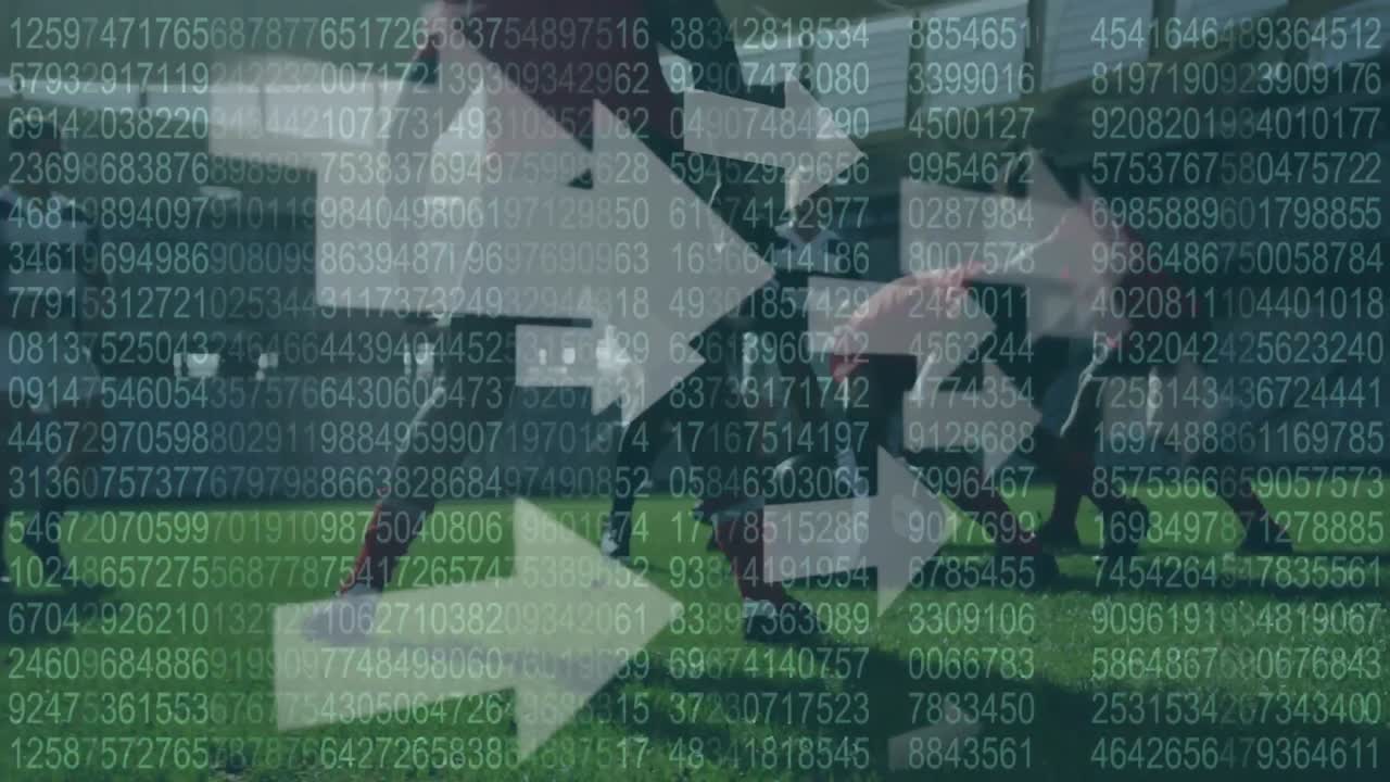 두 개의 다민족 럭비 팀이 럭비를 하는  ⁇  화살표와 숫자의 애니메이션