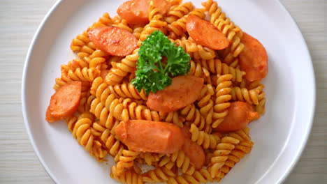 Pasta-En-Espiral-O-Espiral-Con-Salsa-De-Tomate-Y-Salchicha---Estilo-De-Comida-Italiana