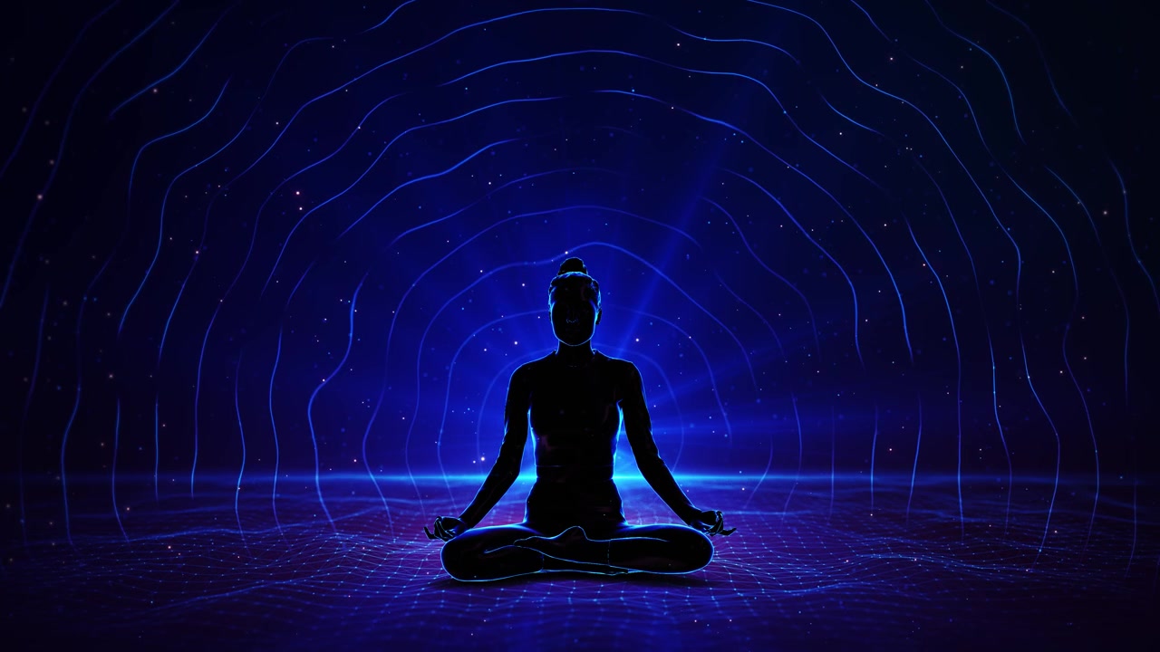 Donna in meditazione con aura di energia radiante e raggi di luce cosmica nello spazio profondo per la crescita spirituale dei chakra.