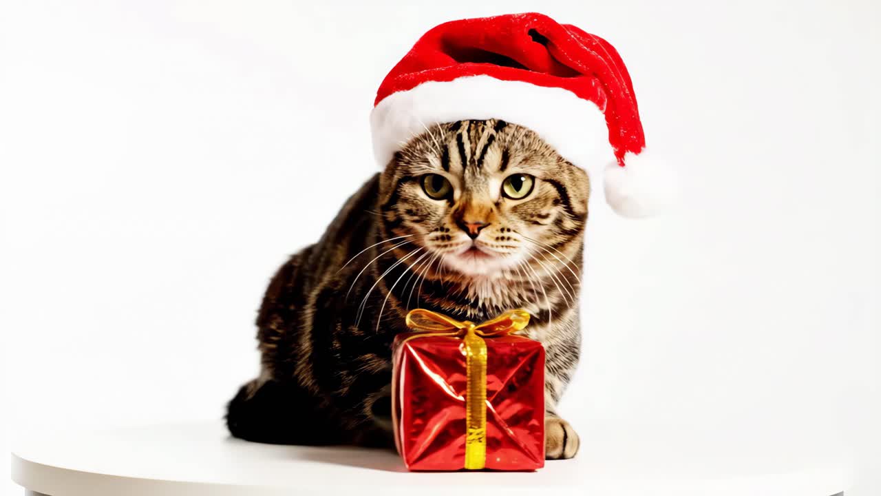 Cat wearing Santa hat with Christmas gift