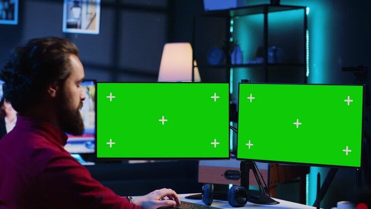 Editore fotografico che utilizza il modello del display del PC per creare un'immagine promozionale