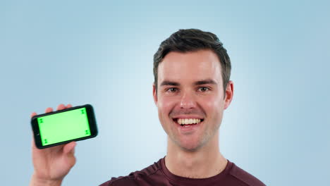 Green-screen,-pointing-and-man-with-phone