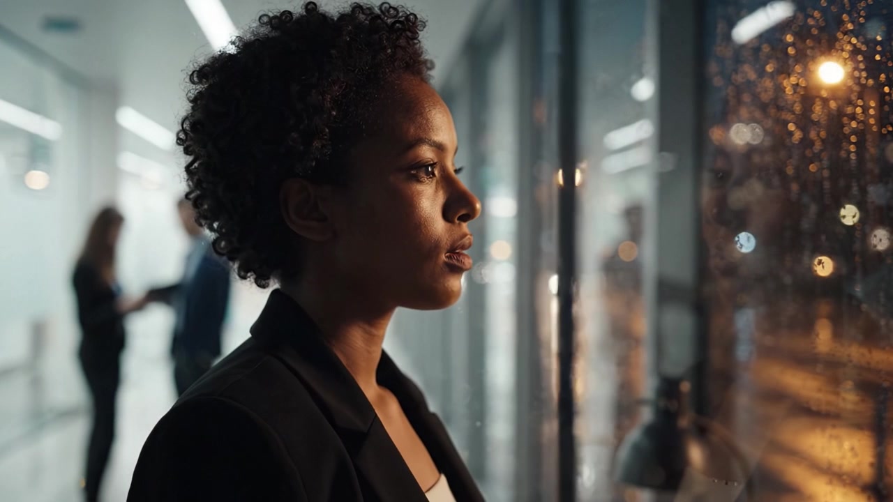 A Thoughtful Woman Stares Out a Rainy Window, Reflecting on Life Decisions While Illuminated by City Lights at Night, Capturing a Moment of Deep Contemplation