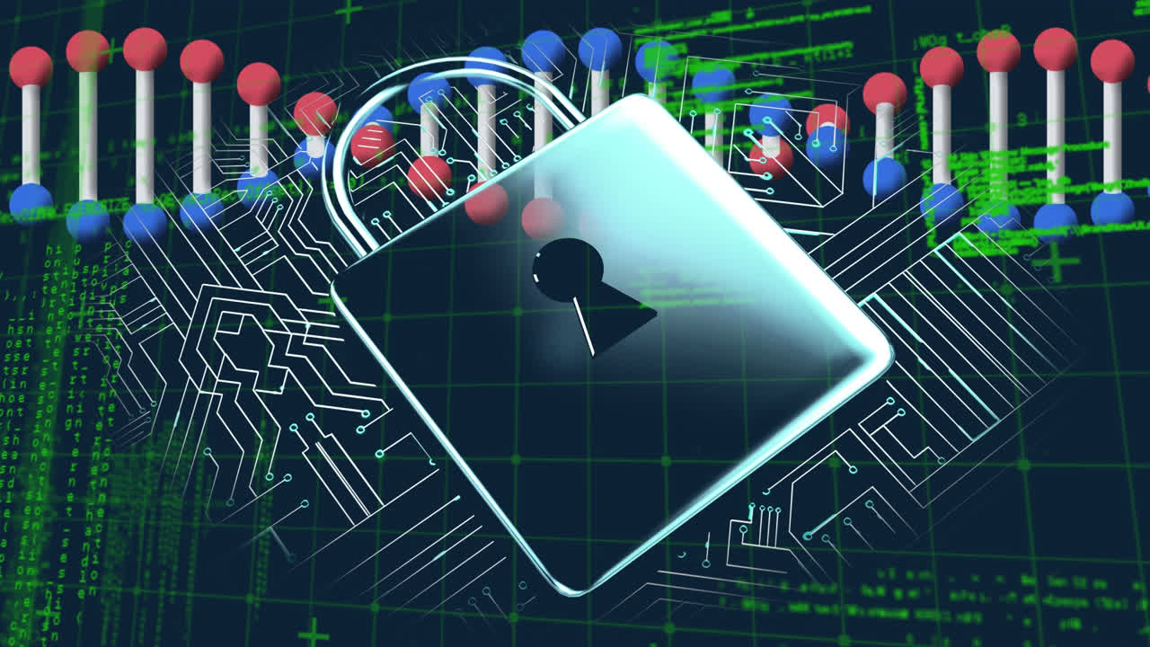 animación del candado de procesamiento de datos y la cadena de adn sobre el molido