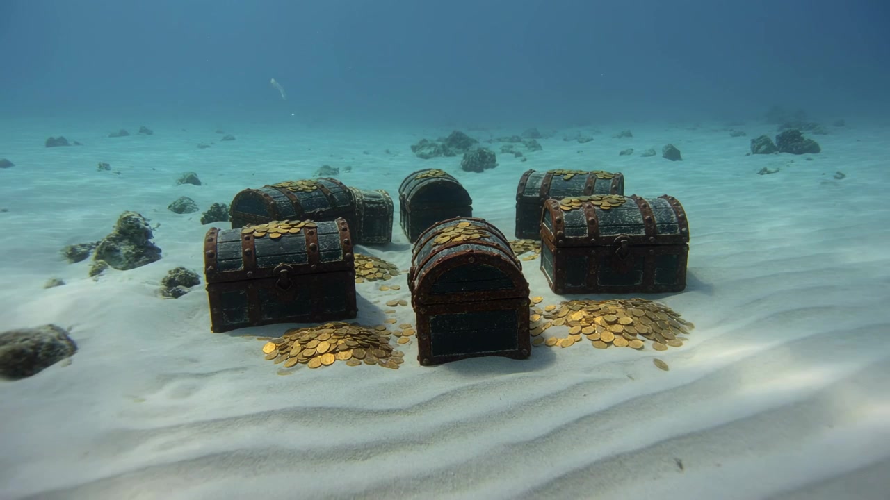 Telecamera che si avvicina a sei bauli antichi, rivelando monete scintillanti su sabbia increspata con bolle che salgono