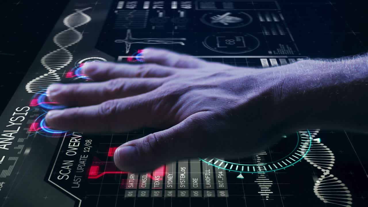 Animation of man's hand touching interactive screen reading fingerprints and medical data processing