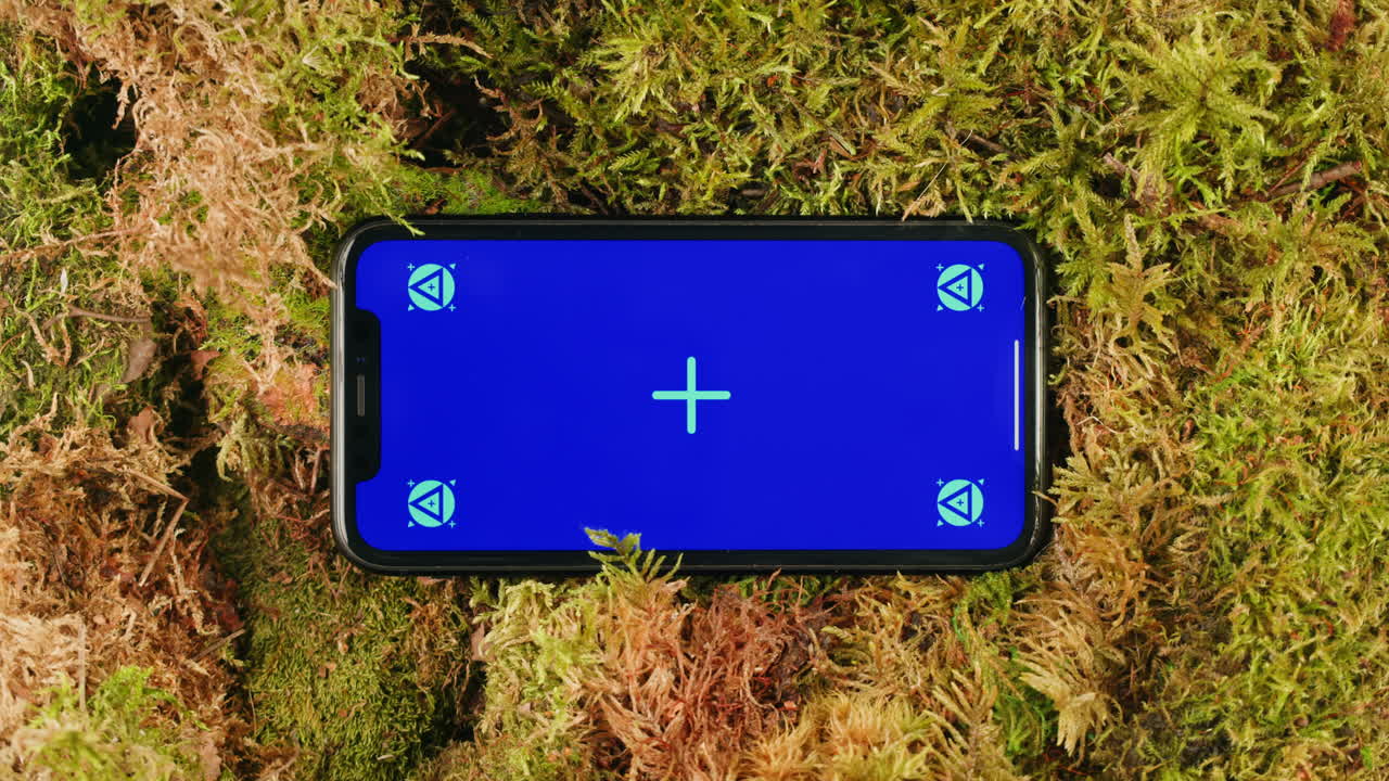 Mobile phone with green screen chroma key display on the background of moss forest.
