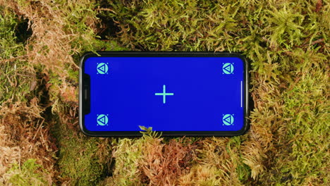 mobile phone with green screen chroma key display on the background of moss forest.