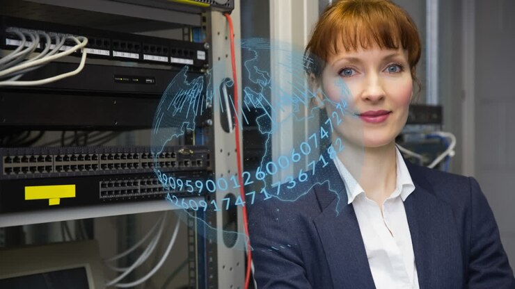 Animation of globe and data processing over caucasian woman in server room