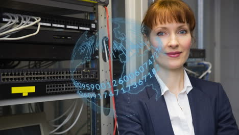 animazione del globo e elaborazione dei dati su donna caucasica nella sala server