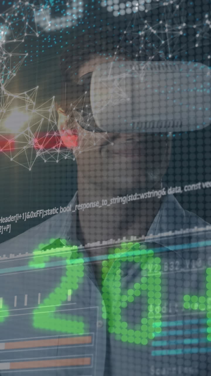 Animation af databehandling over kaukasisk mand med VR-headset
