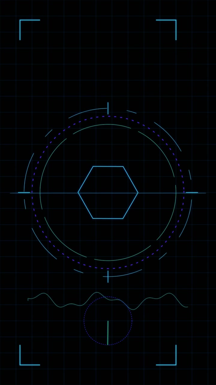 Futuristic Digital Hexagon Interface with Rotating HUD Elements