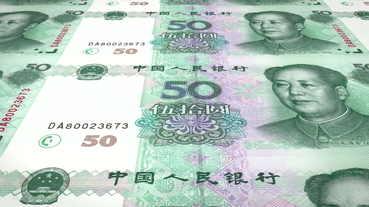 Notas de cinquenta renminbi chineses rolando na tela, dinheiro em espécie, em loop.
