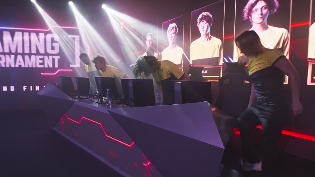 Esports Gaming Tournament Grand Finals: Players Arrive and Compete on Stage