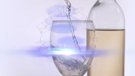 animation of network of connections over white wine pouring into glass on white background