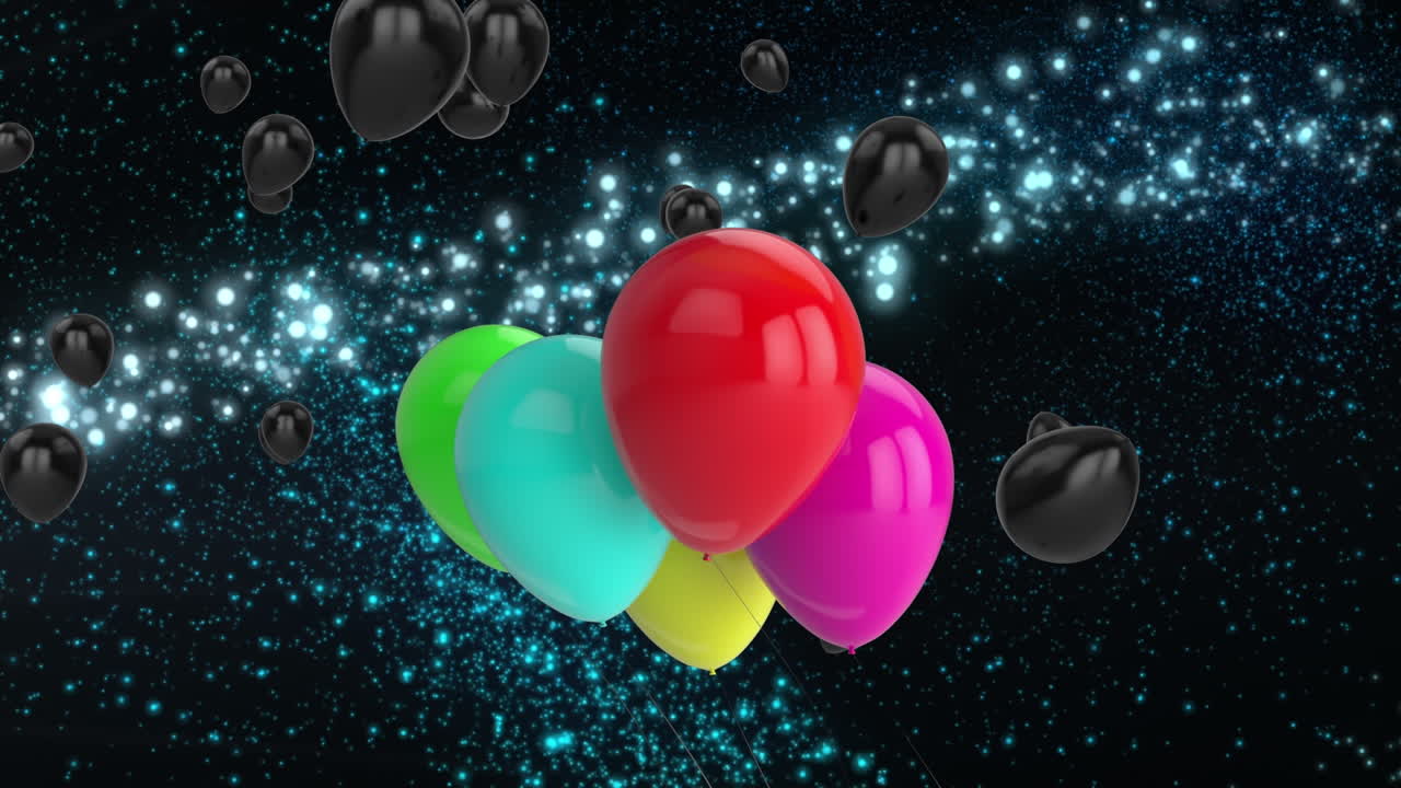 animación de globos y luces de colores volando sobre un fondo negro