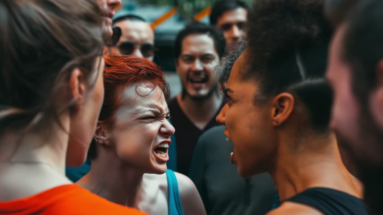 Professional theater group rehearsing dramatic scene. With actresses intensely arguing while fellow performers watching intently. Conveying raw emotional conflict during preparatory stage performance