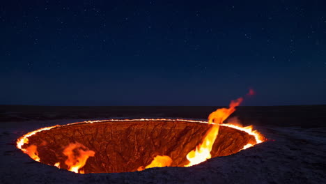 the burning darvaza gas crater (door to hell) under a starry night sky