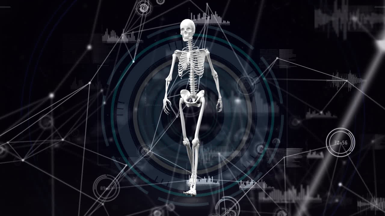 animación de un esqueleto caminando sobre una red de conexiones sobre un fondo negro