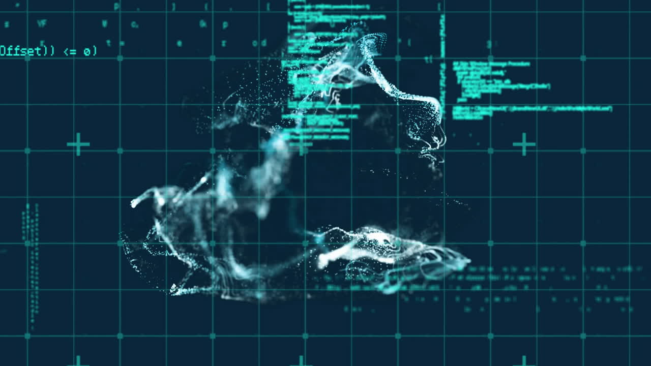 Animation of shapes with light spots over data processing on black background