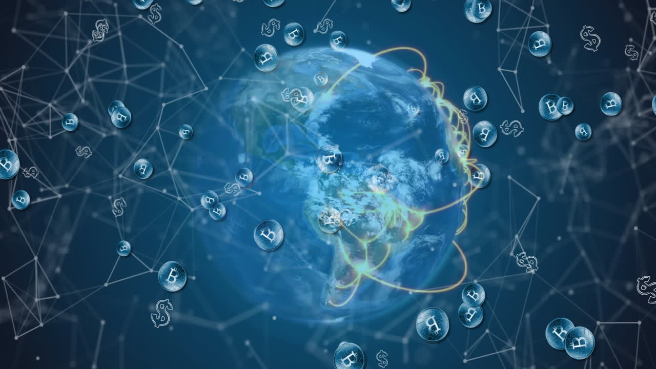 Digital currency symbols orbiting around Earth with network connections animation
