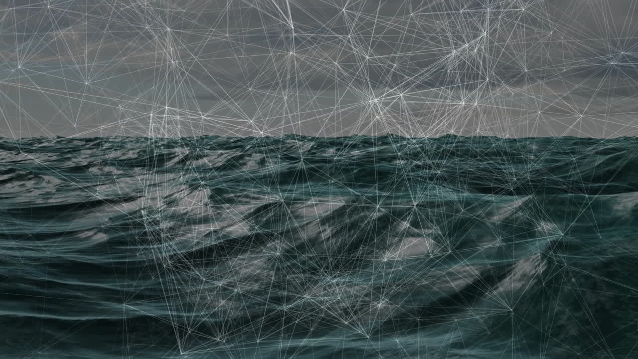 Dark ocean waves flowing under digital mesh overlay, displaying data network lines and nodes