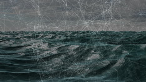 dark ocean waves flowing under digital mesh overlay, displaying data network lines and nodes