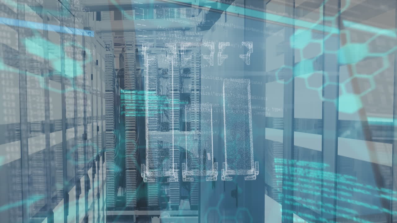 Animation of 3d abstract pattern, molecule structures and computer language over server room