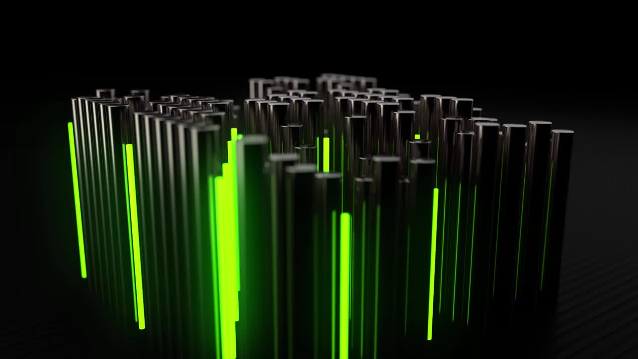 Luce verde dinamica pulsante attraverso cilindri astratti