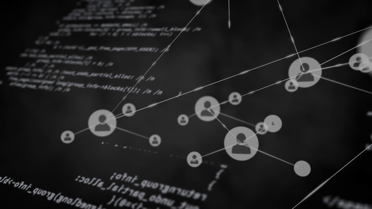 Animation of connected icons over computer language against illuminated abstract pattern