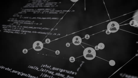 animación de iconos conectados a través del lenguaje informático contra patrones abstractos iluminados