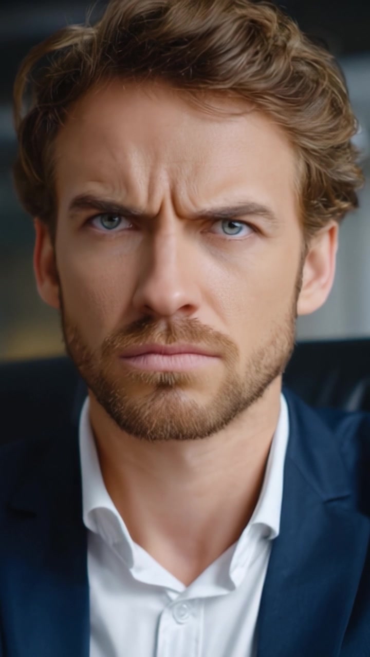 Intensely Focused Businessman with a Serious Expression and Piercing Blue Eyes in a Professional Setting Captured in Two Distinct Frames from a Contextual Video