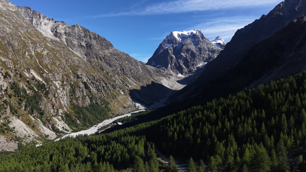 İsviçre Alpleri'nde güneşli bir yaz gününde, Arolla, İsviçre yakınlarındaki ormanın üzerinden havadan geçiş; arka planda Mont Collon manzarasıyla.