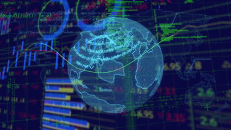 Procesamiento-De-Datos-Financieros-Y-Bursátiles-Sobre-Un-Globo-Giratorio-Sobre-Fondo-Azul