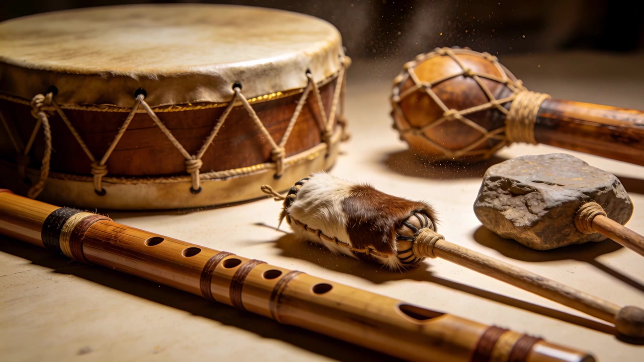Shifting camera tightening toward front flutes and fur beater on warm wooden table, revealing drum