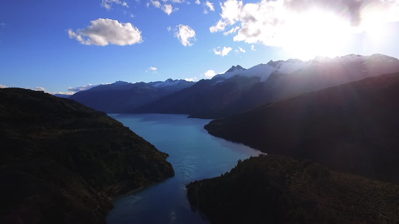 공중 - 일반 카레라 호수, 파타고니아, 칠레, 와이드 샷 포워드에서 일몰