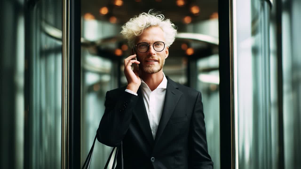 Stilig forretningsmann i moderne heis, engasjert i telefonsamtale, viser profesjonalitet og selvtillit i et moderne kontormiljø