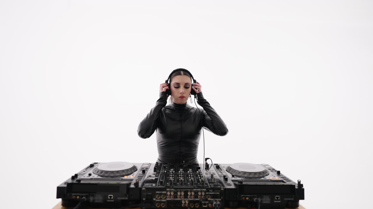 una mujer dj en un traje de cuero negro está mezclando música en un tocadiscos