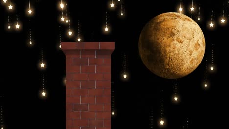 animation of winter christmas scenery with chimney, stars falling and moon