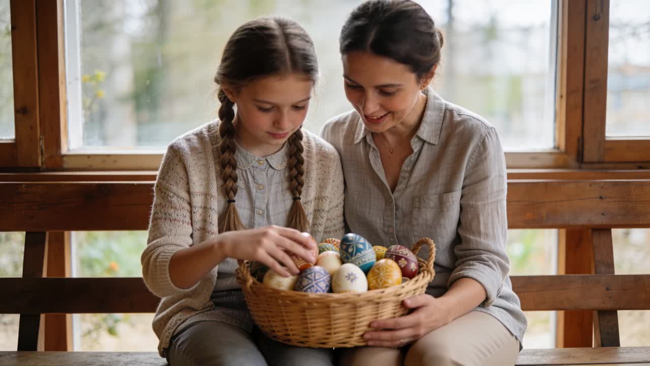 Seeing eggs, daughter in knit reaching basket, picking egg inspecting design by window, mom holding