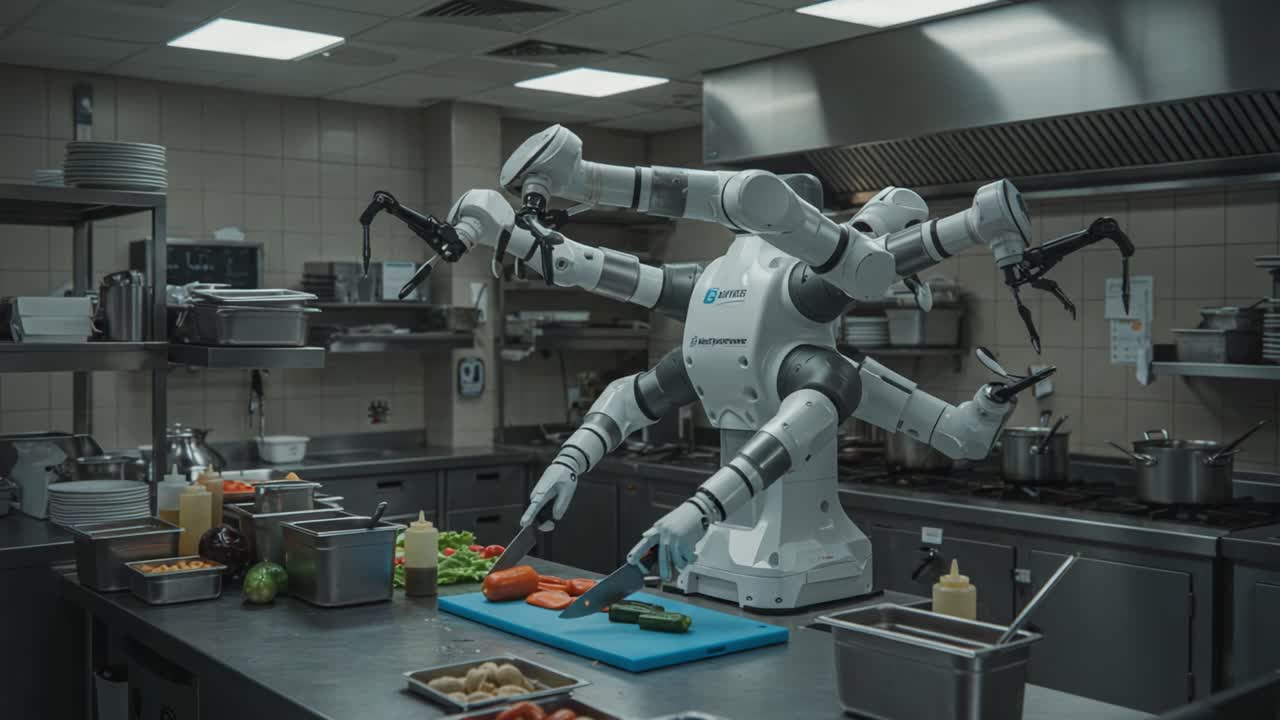 A Multi-Armed Robot Chef Skillfully Prepares Meals in a Modern Kitchen Environment, Demonstrating Advanced Culinary Precision and Innovation in Robotic Technology
