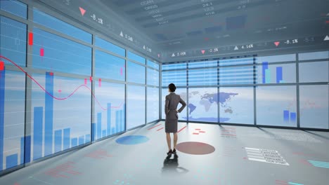Rearview-of-businesswoman-looking-at-digital-animation-of-glowing-graph-interface