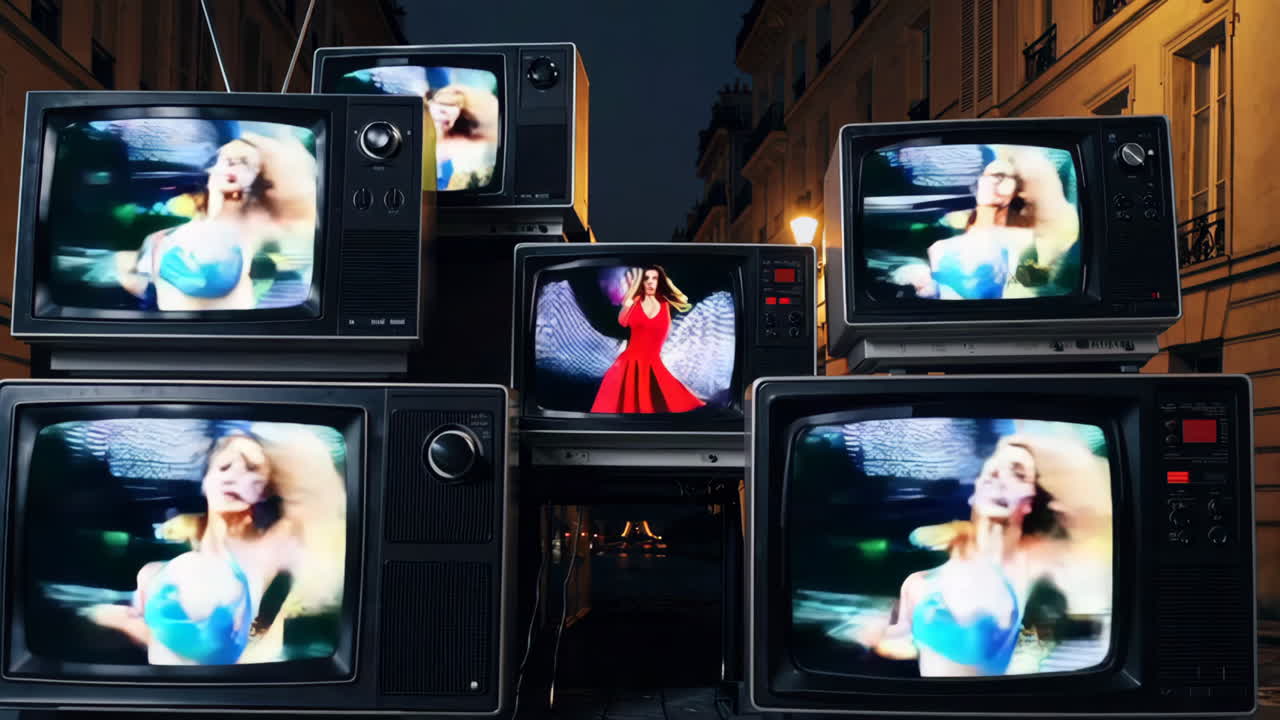 Vintage Televisions Displaying Dance Videos in Parisian Night Street