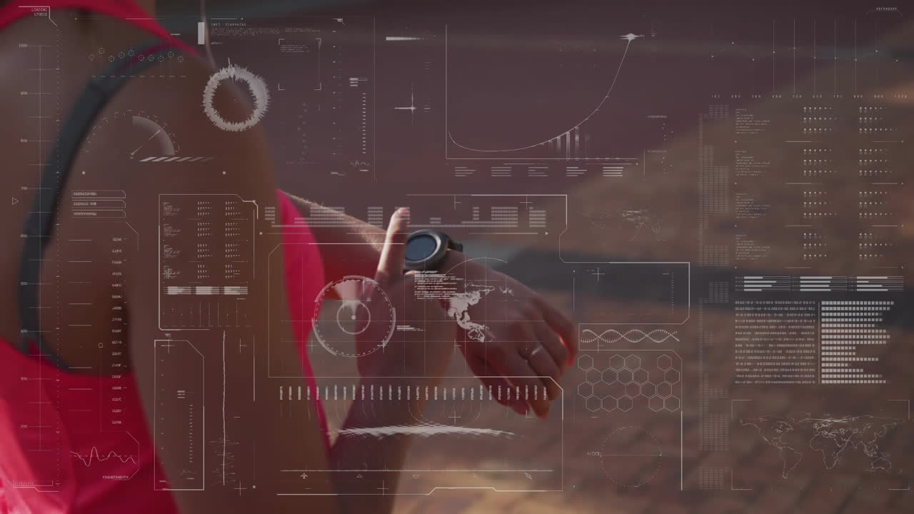 Athletic woman checking smartwatch in desert fitness tech scene, with floating HUD graphs and data